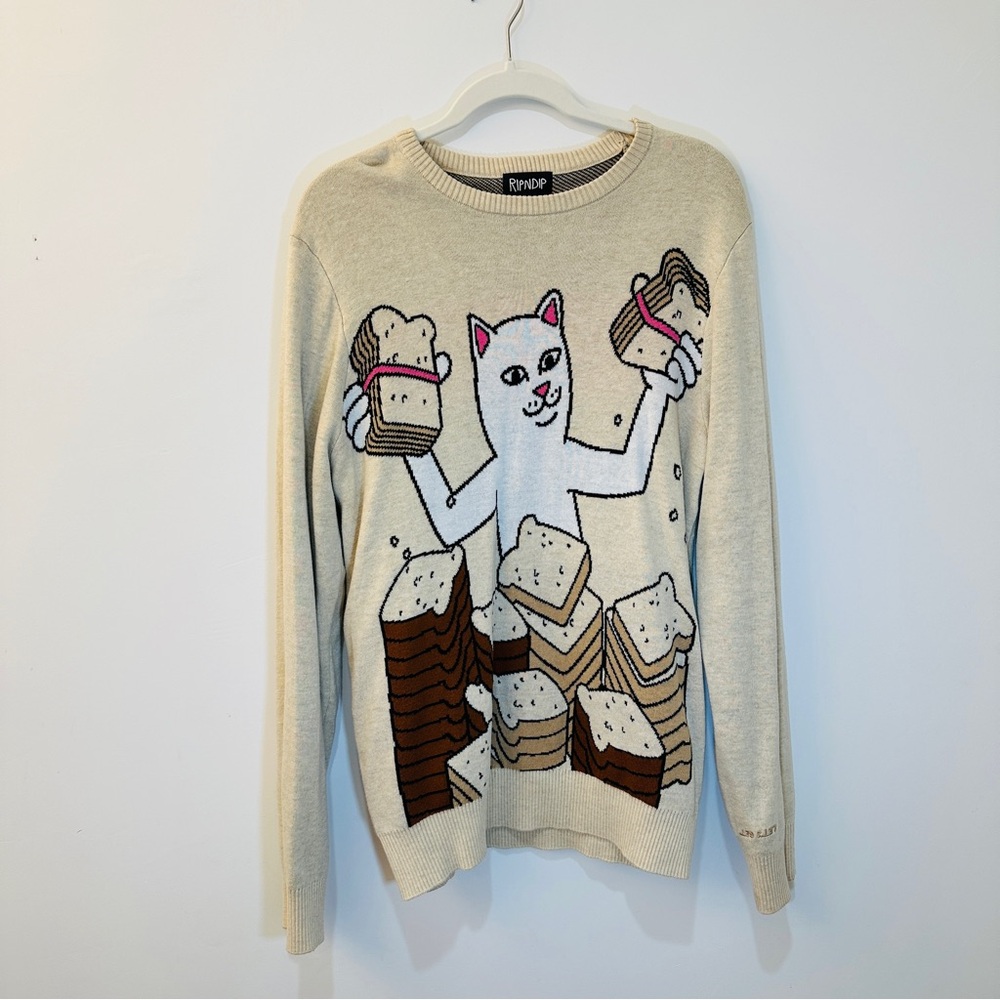 Ripndip White Cat and Bread Graphic Sweater - Picture 3 of 4